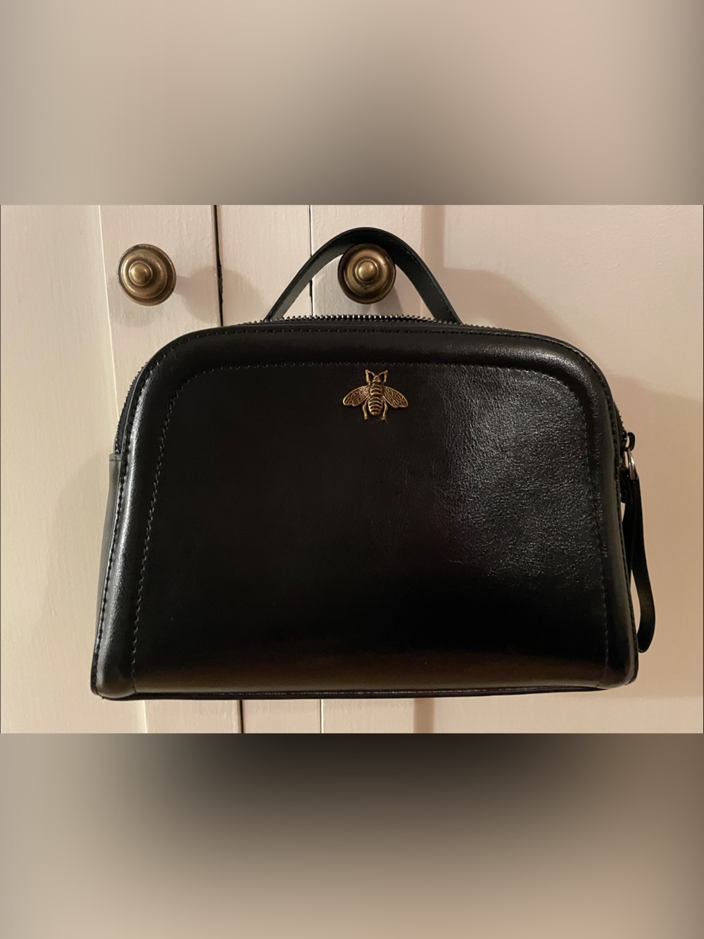 Black Mini Top-Handle Bag with Gold Bee Detail